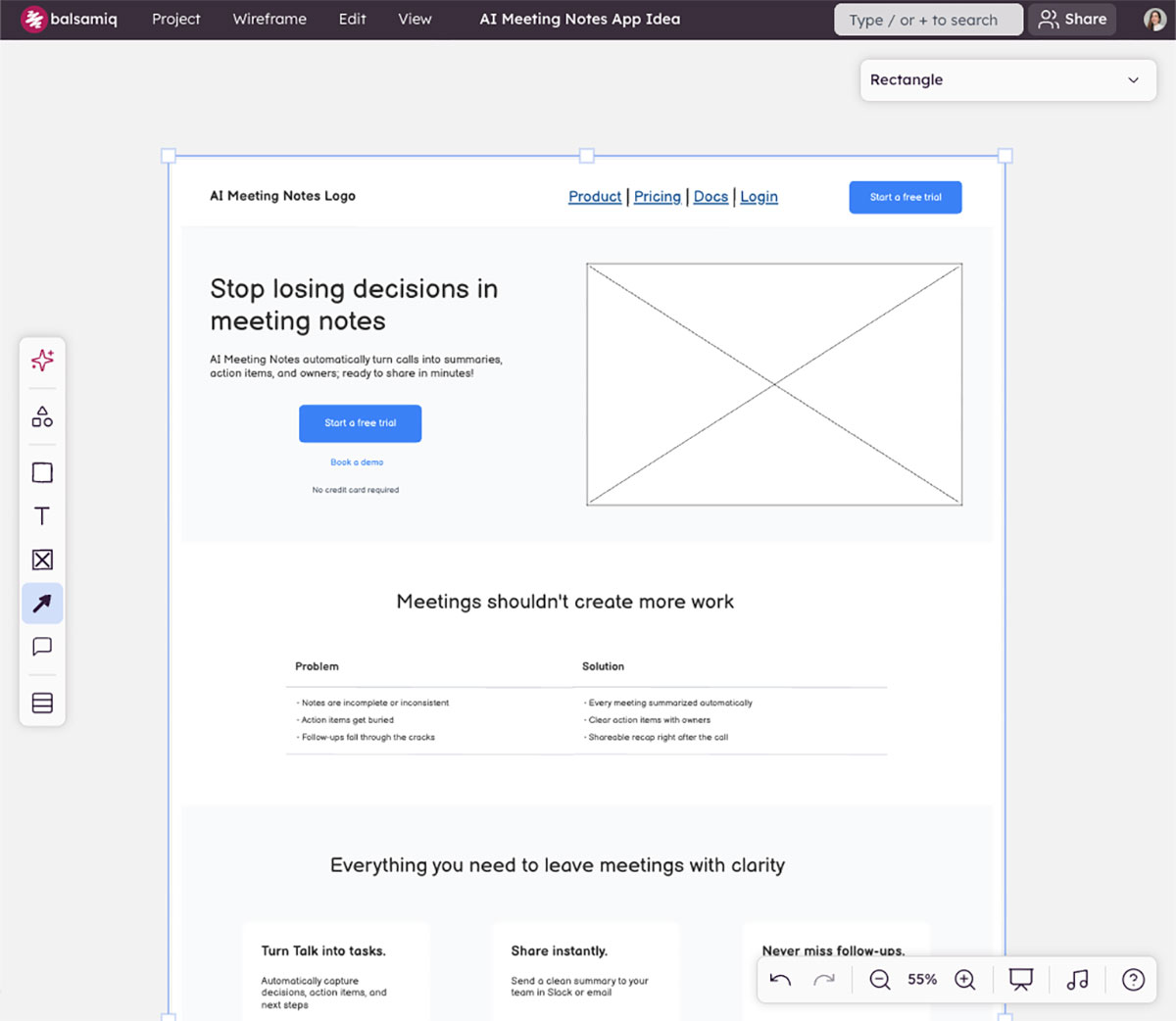 Selecting a board frame size in Balsamiq to start wireframing a landing page