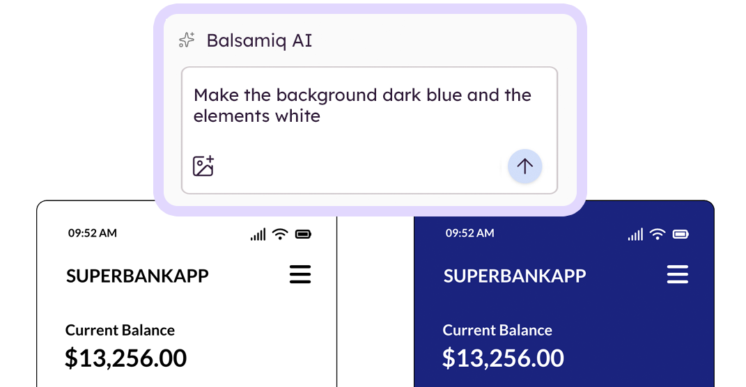 Balsamiq AI chat prompt editing a prototype, with before and after versions side by side.
