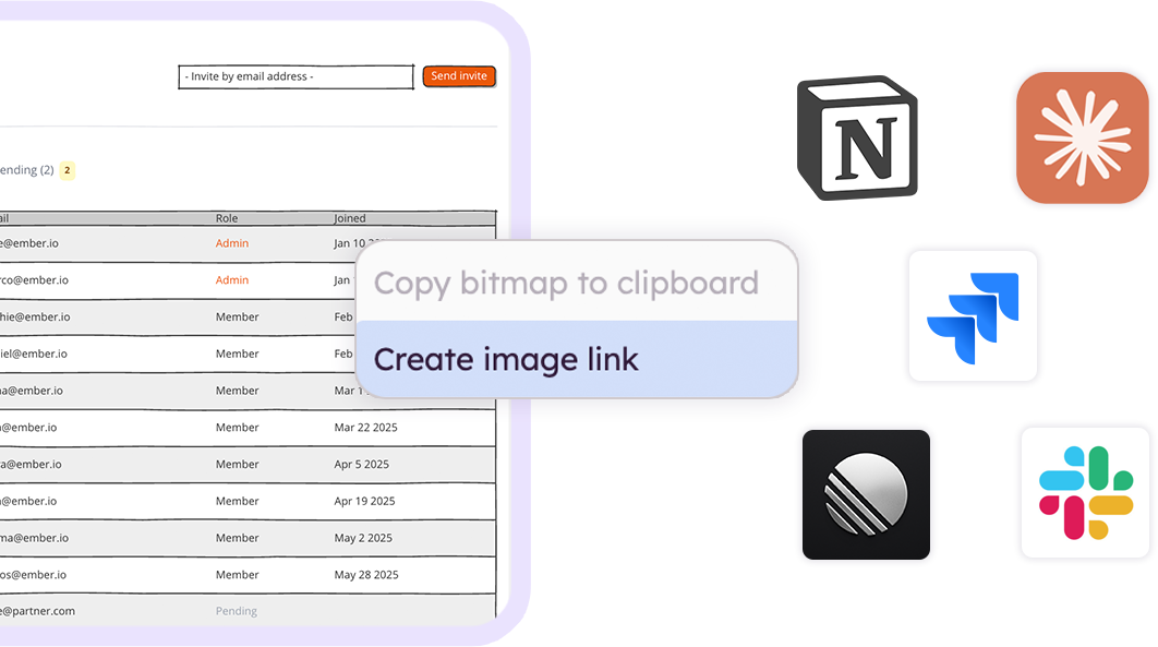 Wireframe export menu with sharing icons for Notion, Jira, Slack, Claude, and Linear.