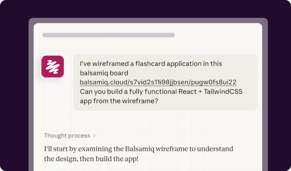 A Claude chat where a user shares a Balsamiq prototype link and asks Claude to build from it.