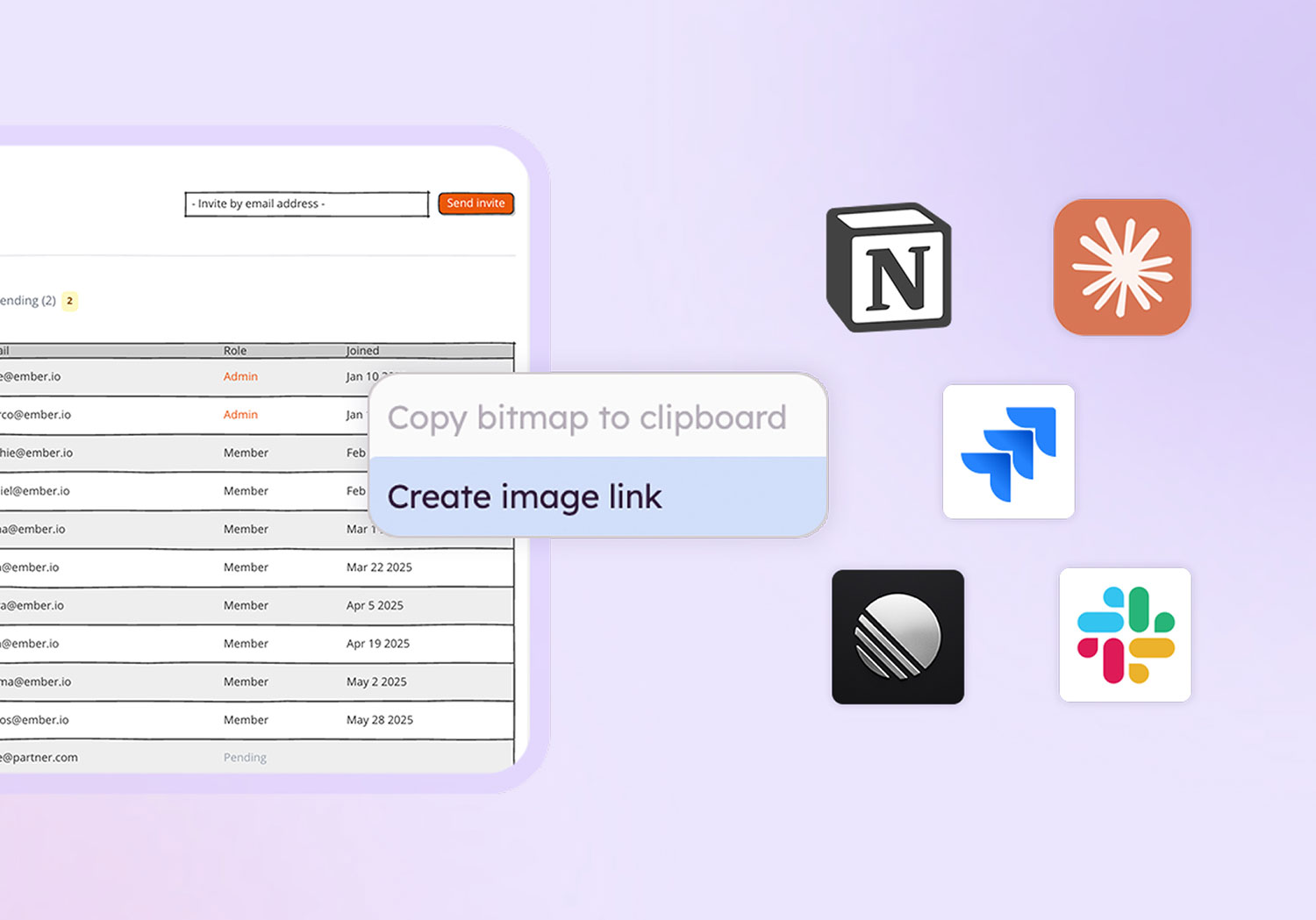 Wireframe export menu with sharing icons for Notion, Jira, Slack, Claude, and Linear