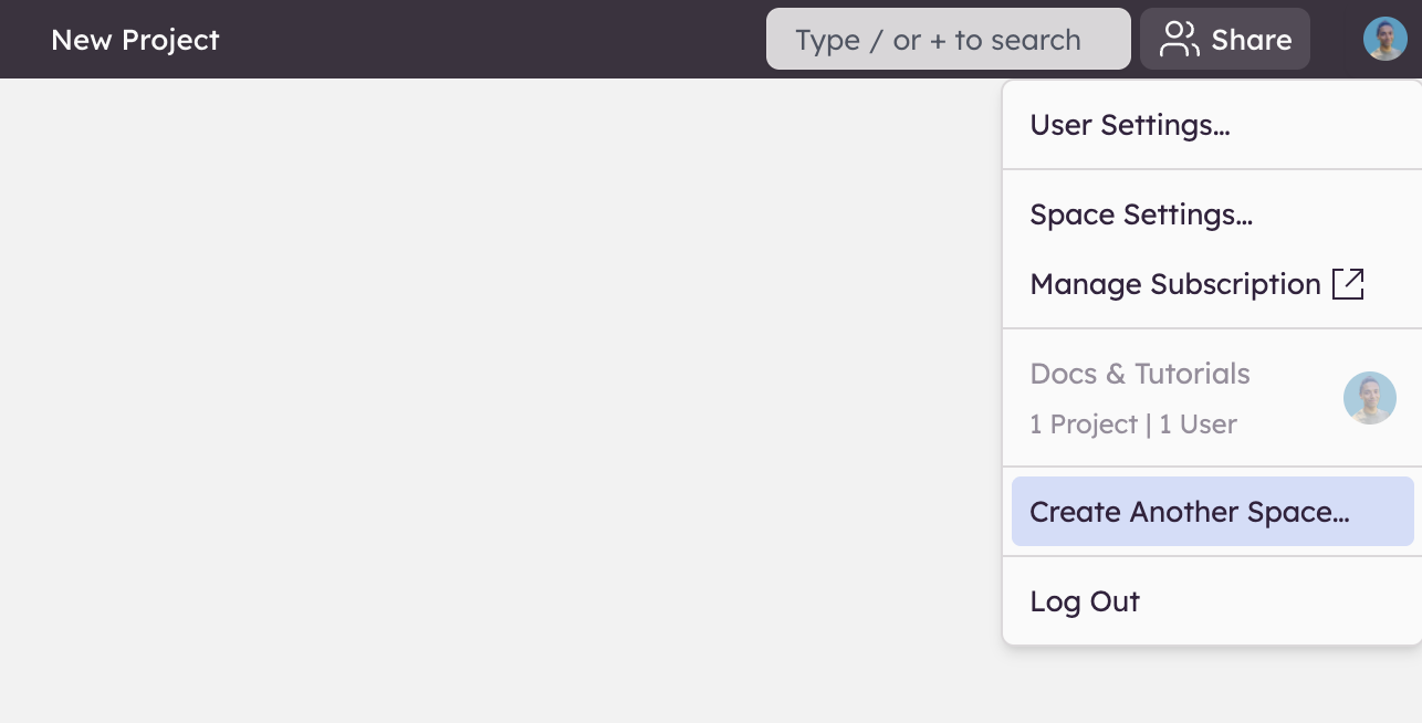 Select 'Create Another Space' from the avatar menu to add a new workspace.