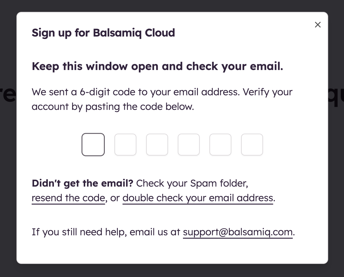 Verify your Balsamiq Cloud account by entering the six-digit code sent to your email.