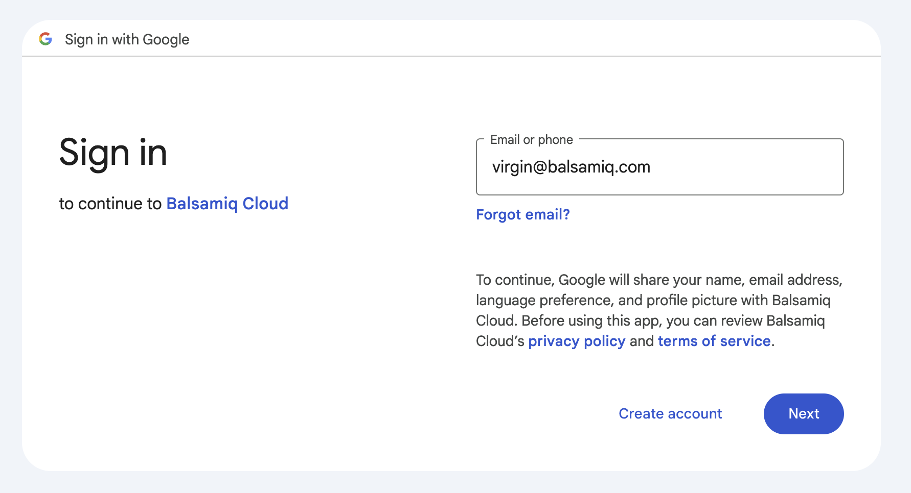 Sign in with your Google account to access Balsamiq Cloud.