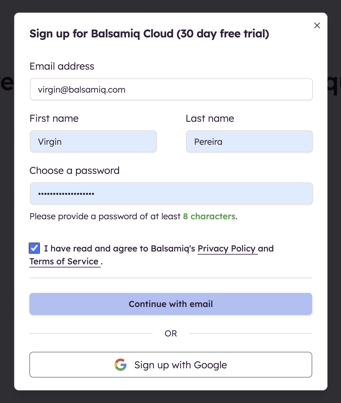 Complete the Balsamiq Cloud signup form to create your account and agree to terms.