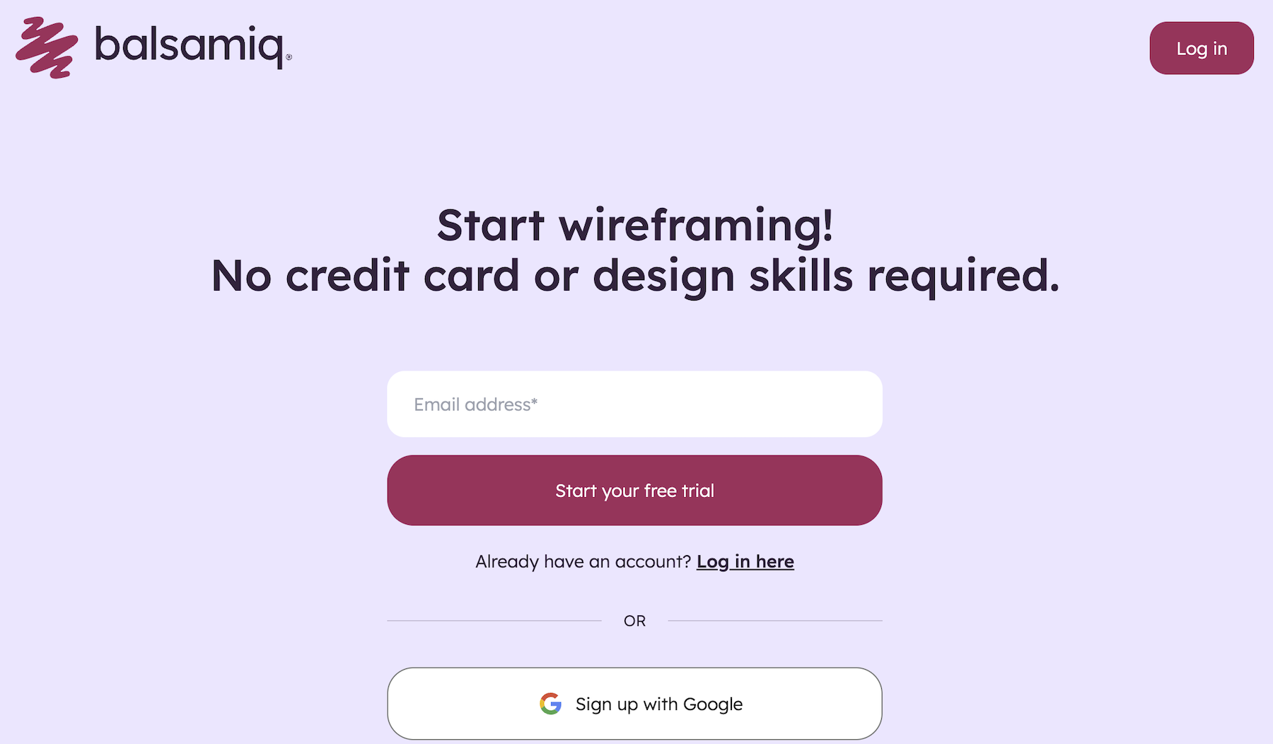 Start a Balsamiq Cloud free trial by entering your email and clicking “Start your free trial.”