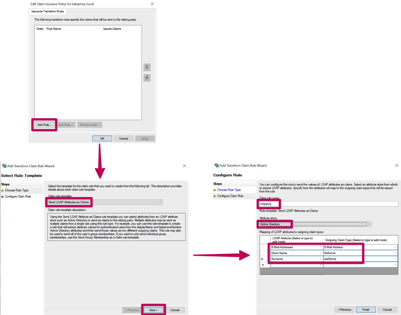 Create a claim rule in ADFS to map LDAP attributes like email, given name, and surname
