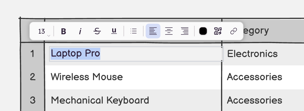 A cell in edit mode with the text editing toolbar