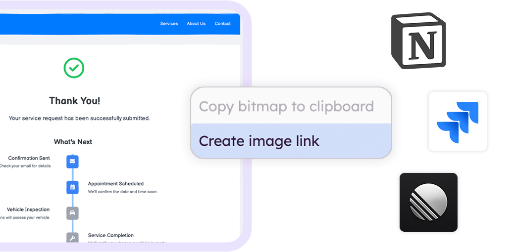 A prototype export menu showing sharing destinations including Notion, Jira, and Linear.